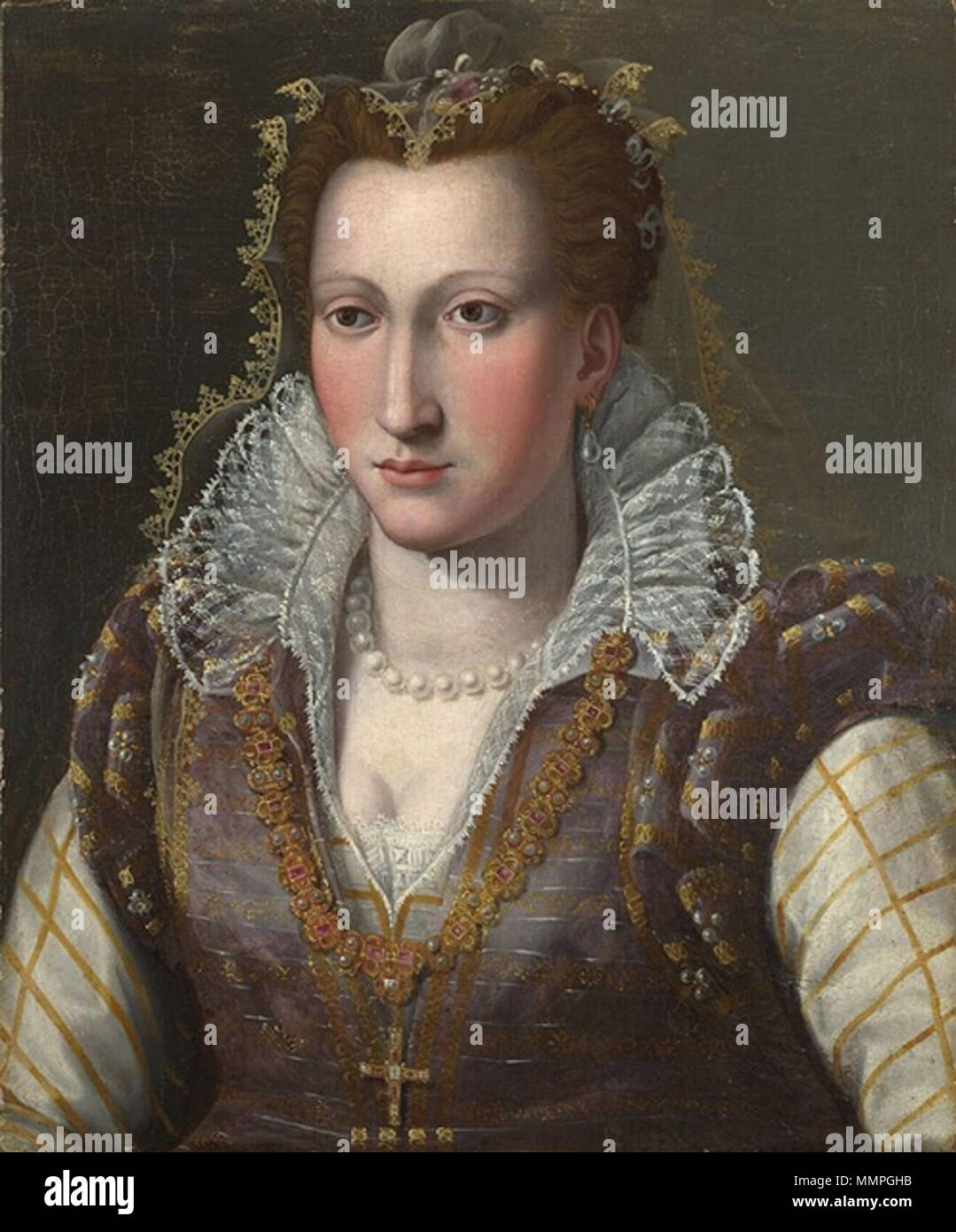 . Englisch: unbekannte Dame von Angelo Bronzino. Sie konnte Bianca Cappello. Italiano: Dama ignora ritratta da Agnolo Bronzino. Potrebbe essere Bianca Cappello. . Ca. 1575-85. Angelo Bronzino unbekannte Dame Stockfoto