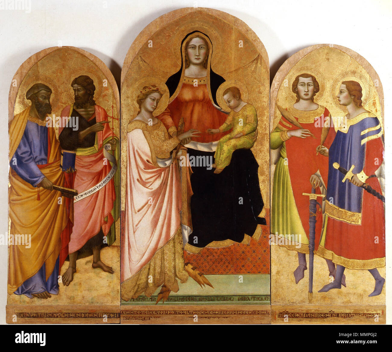 . Englisch: Angelo Puccinelli, Matrimonio Mistico di Santa Caterina d'Alessandria con Santi Pietro, Giovanni Battista, Gervasio e Protasio Villa Guinigi, Lucca. . 1380 s. Angelo Puccinelli Alternative Namen Angelo Di Puccinello Puccinelli; Angelo di Puccinello Puccinelli; Puccinelli Beschreibung italienischer Maler Geburtsdatum 14. Jahrhundert Ort der Geburt Lucca Arbeiten Zeitraum 1380-1407 (mittelalterlichen) Arbeitsort Lucca Authority control: Q 2849495 VIAF:? 46618702 ULAN:?? Nr 500012360 LCCN: 91028223 WGA:? PUCCINELLI, Angelo WorldCat Angelo Puccinelli, Matrimonio Mistico di Santa Caterina d'Al Stockfoto