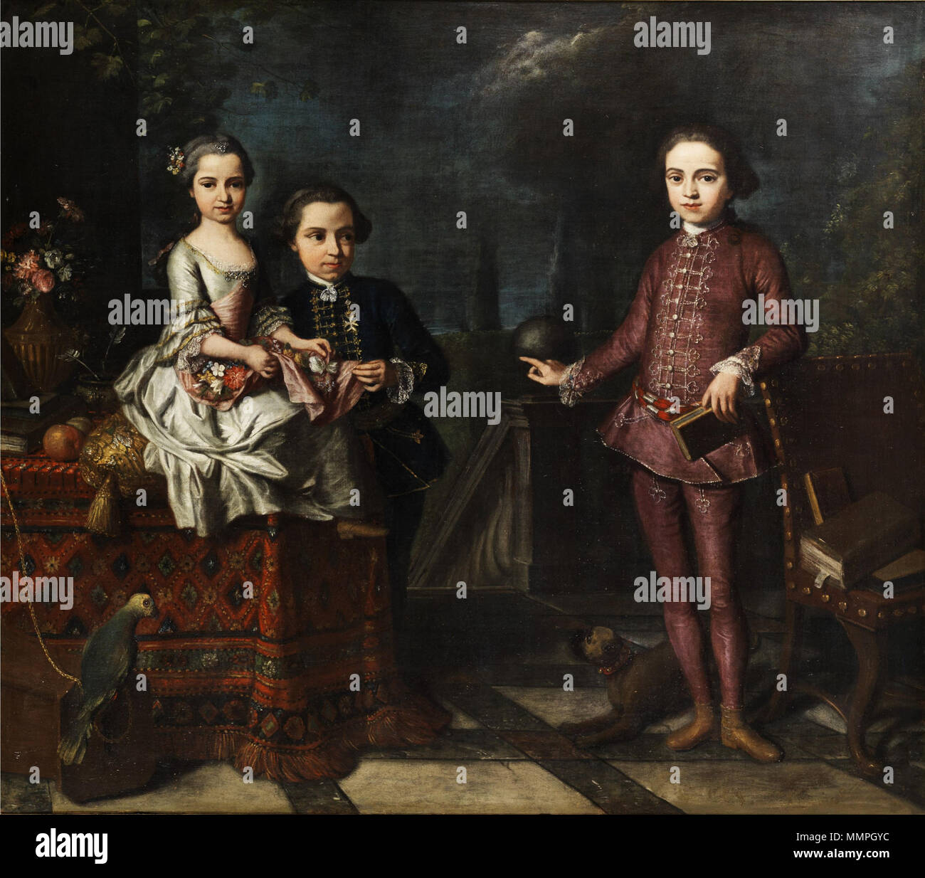 . English: Gruppenportrait von drei adeligen Kindern Englisch: Porträt von drei edlen Kinder. 18. Giuseppe Bonito (attr) Gruppenportrait von drei Kindern adeligen Stockfoto