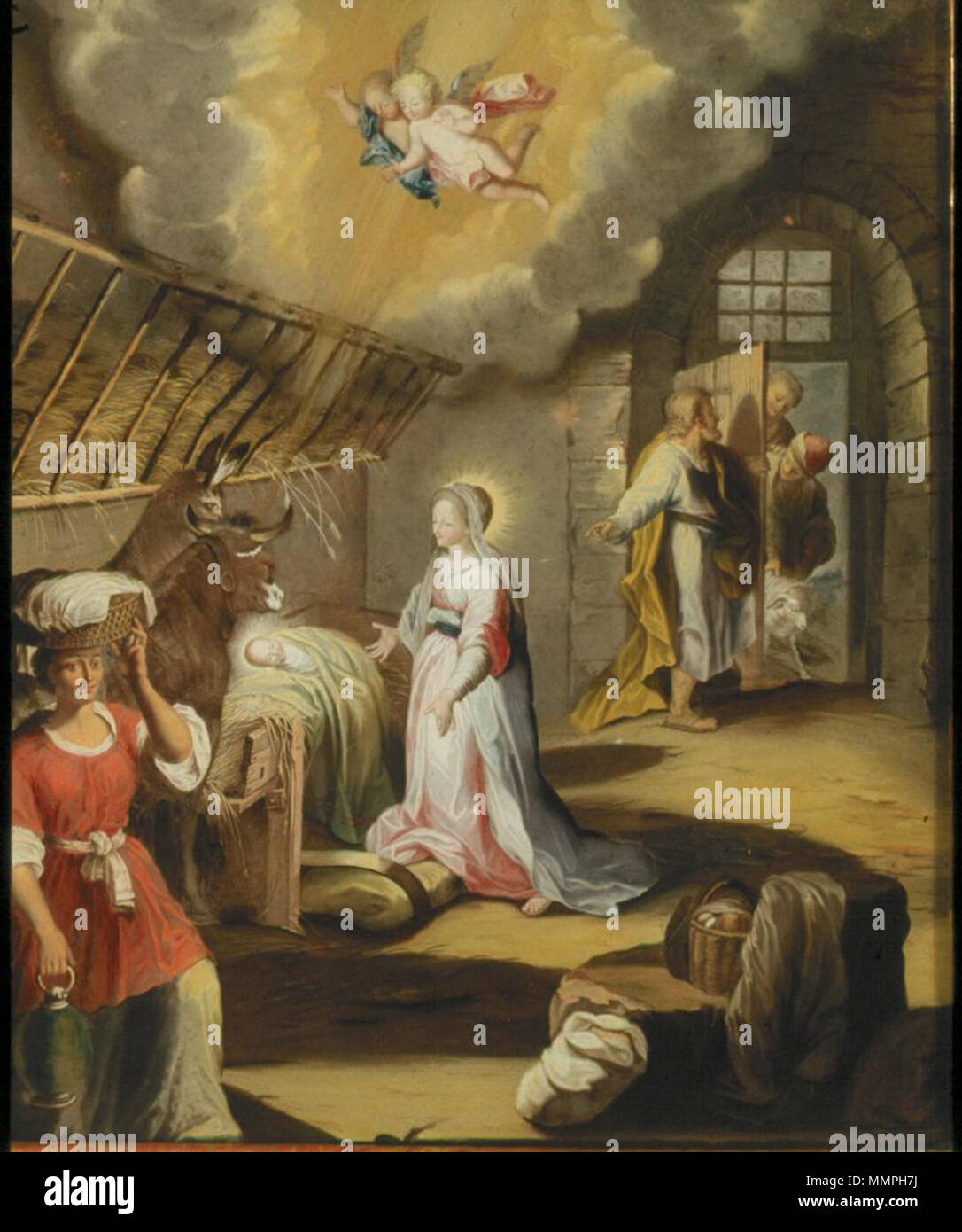 . Deutsch: "Die Geburt Christi, nach Barocci." Rückwärts Glasmalerei. . 1744. Anna Maria Barbara Abesch (23. März 1706, Sursee - 15. Februar 1773, Sursee) Anna Abesch - Geburt Christi / Barocci Stockfoto