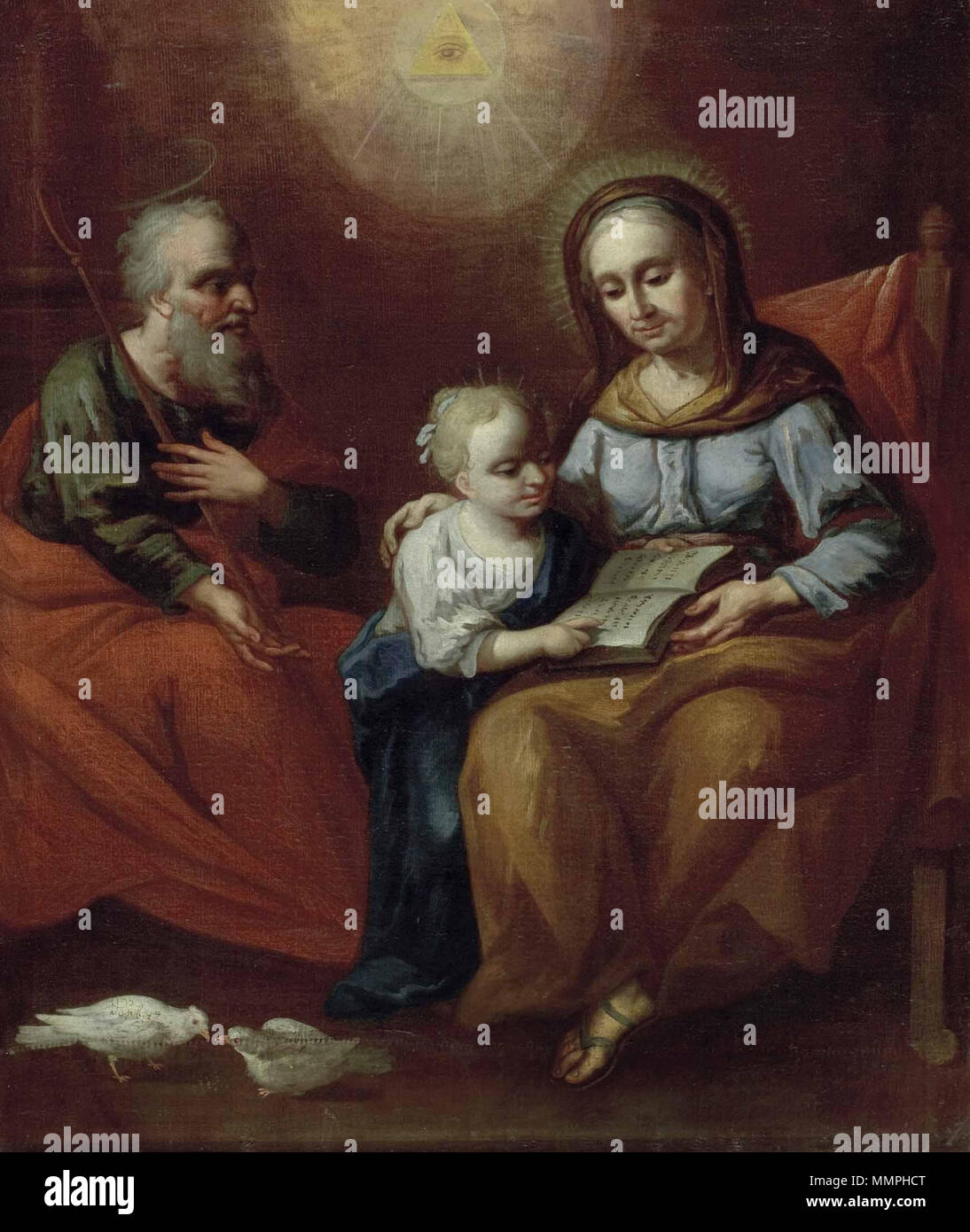 . 'Die hl. Anna Maria unterrichtet, dazu der Hl. Josef und das Auge Gottes' die Deutsche Schule, 18. Jh., Öl auf Leinwand, Ca. 109,5 x 90 cm, restauriert, Holzrahmen des 19. Jhdts., rückseitig beschriftet von Hand des 18. Jhdts.: franziscus Würz anno 1766. ca. 1766. Anna Maria unterrichtet Deutsch 18 Jh Stockfoto