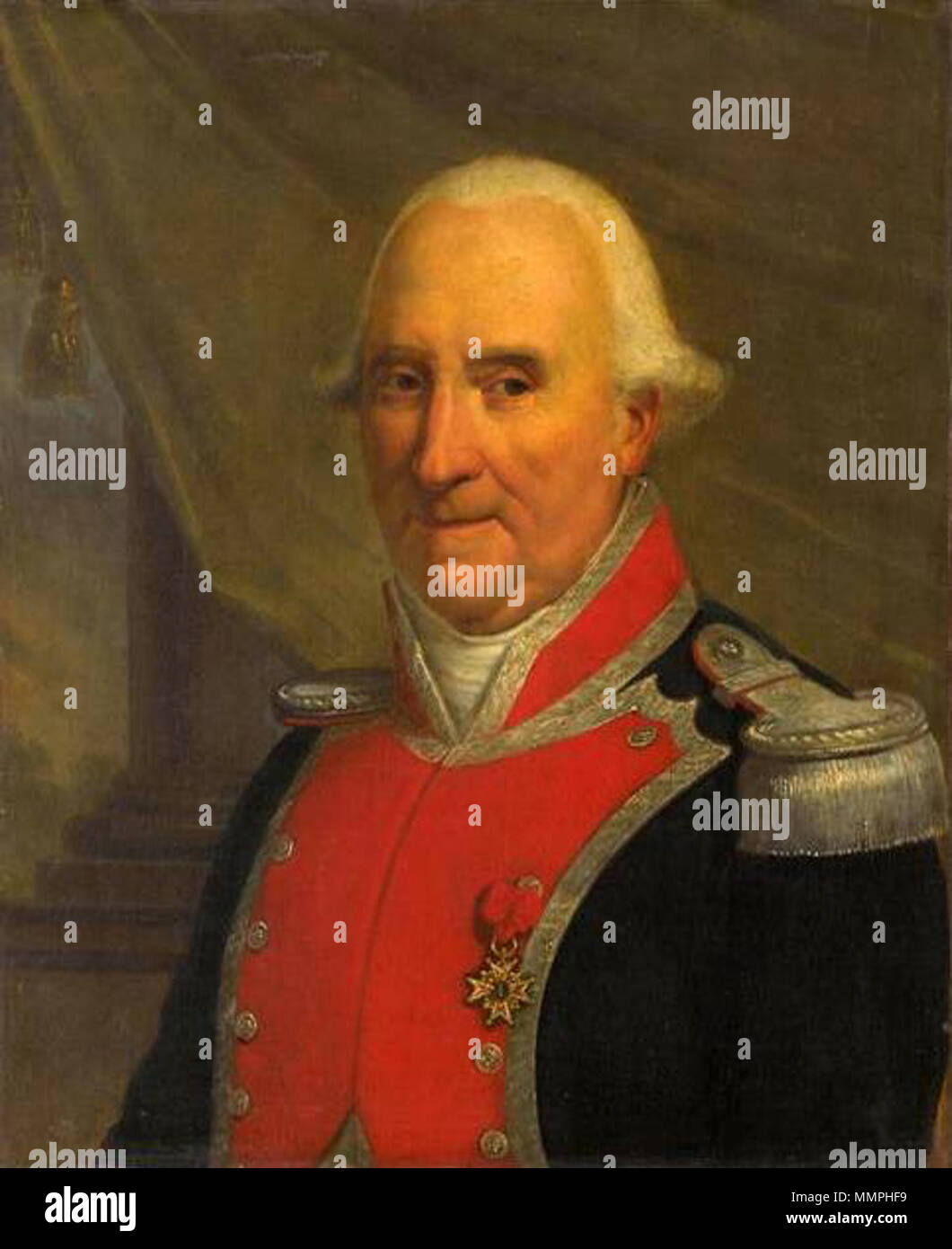 . Portrait d'un Officier, de Trois-qt et à Mi-Corps; l'identification du personnage a été rétablie par M. Klein (Comm. Éc. fév. 2000): Il s'agit d'un Officier des Gardes du Corps de la Maison militaire du Roi, à l'époque de Louis XVI, en Petit uniforme. L'épaulette et la contre-épaulette le Grad de Capitaine-Kommandanten; indiquent Le modèle Porte les insignes de Chevalier de l'Ordre de Saint-Louis Französisch: Portrait d'un Garde du Corps de la Maison militaire du Roi. vierte Quartal des 18. Jahrhunderts. Portrait d'un Garde du Corps de la Maison militaire du Roi Stockfoto