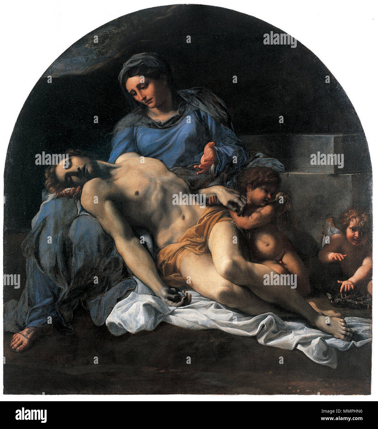 . Italiano: La Pietà di Annibale Carracci è un Quadro (Olio su tela, cm 158 x 151) che si trova a Napoli nel Museo di Capodimonte, facente Parte della Collezione Farnese. L'Opera si rifà alla Pietà di Michelangelo sia Nella sua composizione piramidale, che nel Delicato abbandono del Corpo di Cristo di derivazione Classica. Englisch: Pietà. zwischen 1599 und 1600. Annibale Carracci Pietà 1560-1609 Stockfoto