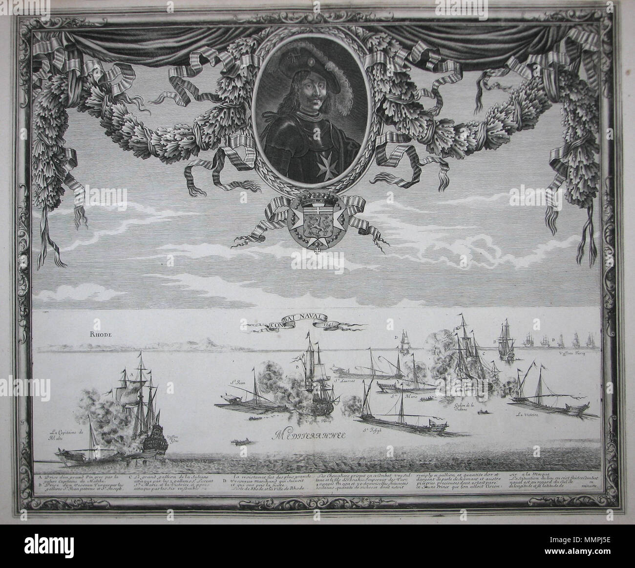 . Englisch: Kupferstich von anonymen Künstlers. Das Bild zeigt eine Seeschlacht in der 28. September 1644 zwischen maltesischen und die türkischen Streitkräfte. Das Porträt ist eine Darstellung von Gabrielle Chambres de Boisbaudran, Ritter des Heiligen Johannes/Ritter von Malta und die Maltesische Commander während der Aktion. Ursprünglichen Verkäufer identifiziert der Künstler wie Stefano Della Bella, sondern die Zuschreibung ist ungewiss. Original Größe: 21" x 18". 1700. Anonyme Anonymous-Combat naval 1645 Stockfoto