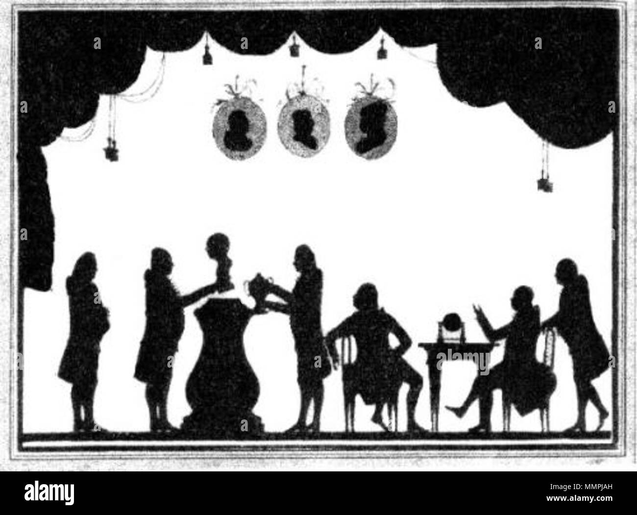 . Englisch: Группа академиков устанавливают бюст Леонарда Эйлера Слева направо: А. И. Лексель, И. А. Эйлер, Н. И. (Фус амфору держит в руках), И. М. Лепехин, П. С. Паллас, Л. Ю. Крафт. Силуэты Ф. Антинга, 1784 г. Eine Gruppe von Mitgliedern der Sankt Petersburger Akademie um eine Büste von Leonhard Euler, Silhouette von Johann Friedrich sagen, 1784. 1784. Johann Friedrich sagen AnthingAkademikerEuler, 01. Stockfoto