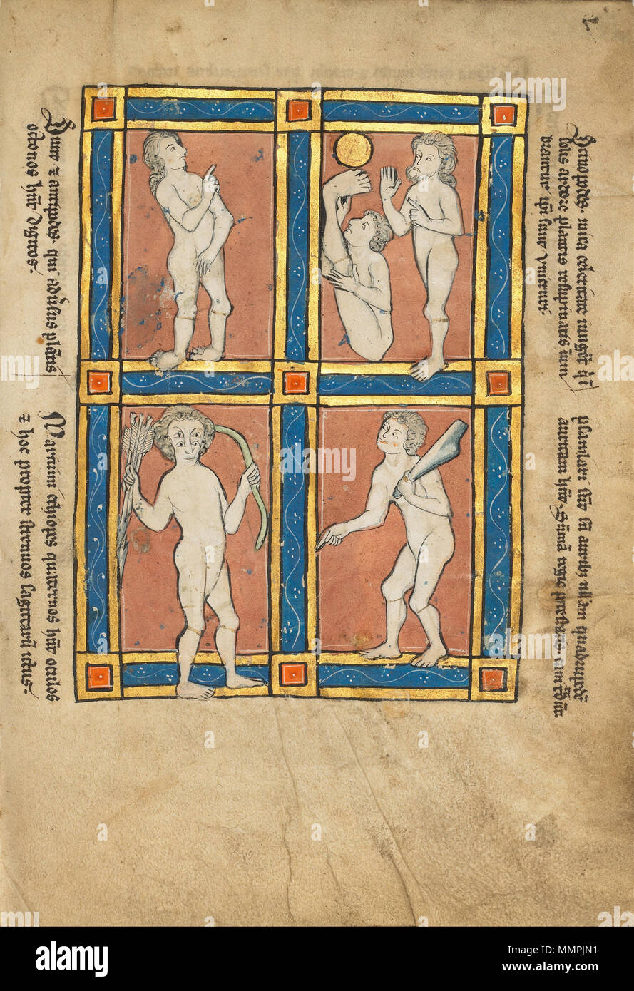 . Deutsch: "Gegenpol" (mit den Füßen nach hinten zeigend dargestellt); Der cinopode' (Sciapod');' Coastal Äthiopischen' mit vier Augen; 'Psalmlarus'. Von Mirabilia Mundi, einen Abschnitt über die monströsen Rassen des Menschen auf der Grundlage von Plinius dem Älteren, mit sieben ganzseitige Abbildungen (Foll. 117r-120r). . Ca. 1280. Anonyme Antipode; Scinopode; Coastal Äthiopischen; Psalmlarus - Google Kunst Projekt Stockfoto