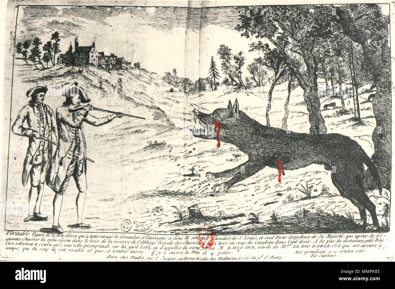 . Englisch: Drucken aus dem 18. Jahrhundert, Antoine de Beauterne slaying die Bestie von Gévaudan am 21. September 1765, in Chazes, Gévaudan, Frankreich. Français: La Bête du Gévaudan. Tiefdruck reproduite dans François Fabre, La Bête du Gévaudan, Paris, Librairie Mehlig, 1930. . 18. Anonyme Antoine de Beauterne Stockfoto