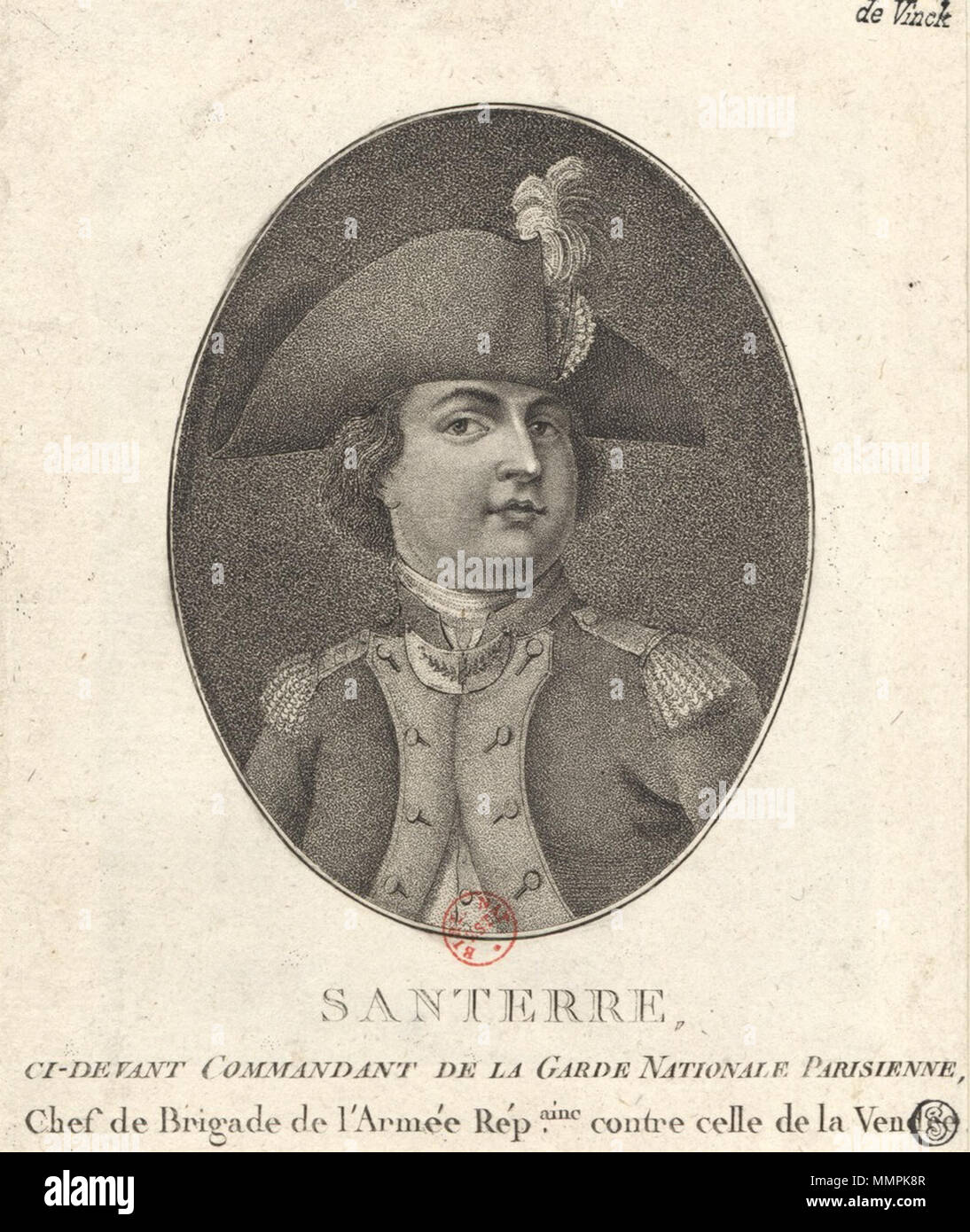 . Français: Santerre: ci-devant Kommandant de la Garde nationale Parisienne: Chef de Brigade de l'Armee rép. aine contre Celle de la Vendée (estampe). 1793. Paul-André Basset, Éditeurs et marchand d'estampes Antoine Joseph Santerre Stockfoto