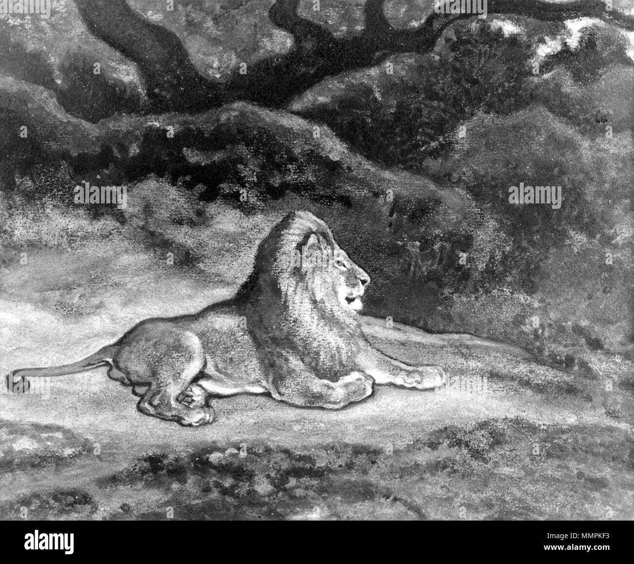 37.816 Antoine-Louis Barye (Französisch, 1796-1875). "Lion in Ruhe, "Ca. 1850s - 1860s. Aquarell auf mäßig strukturiertem, mäßig dick, Creme webte Papier. Walters Art Museum (37.816): Erworben durch William T. Walters, vor 1889. Antoine-Louis Barye - Löwen Rest-Walters 37816 Stockfoto