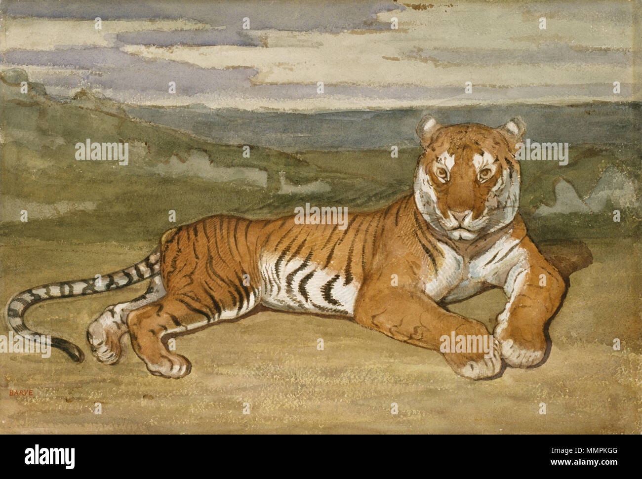 37.834 Antoine-Louis Barye (Französisch, 1796-1875). 'Tiger in Ruhe, "Ca. 1830s-1840s. Aquarell mit Gummi Zuspitzung auf rauhen, Dick, Creme webte Papier. Walters Art Museum (37.834): von William T. Walters, 1885 erworben. Antoine-Louis Barye - Tiger bei Rest-Walters 37834 Stockfoto