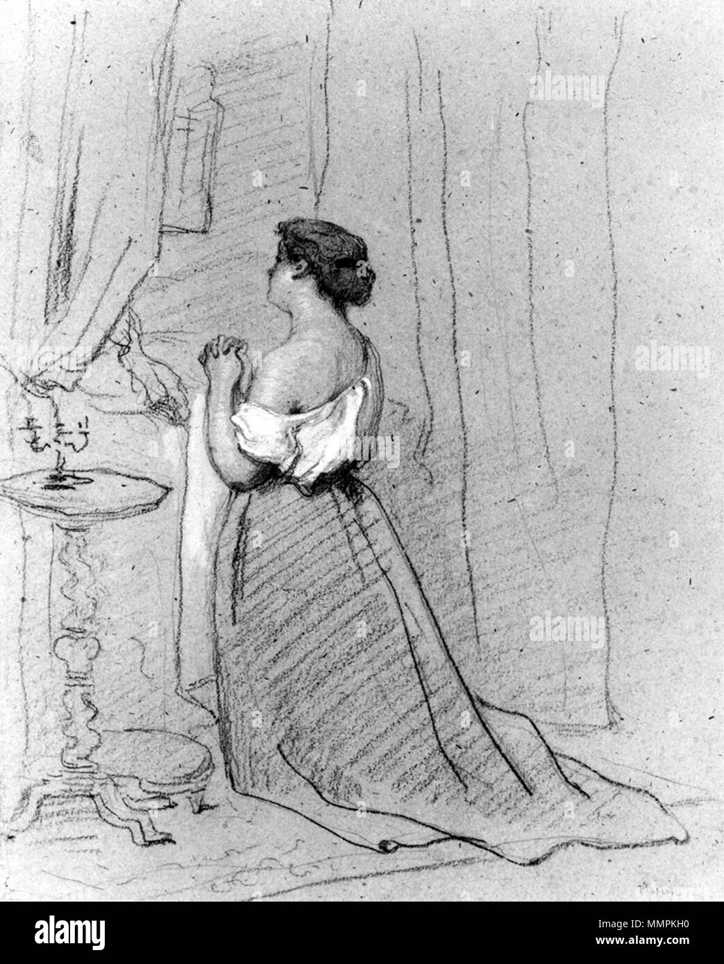 37.1312 Antoine-Émile Plassan (Französisch, 1817-1903). "Frau kniend im Gebet neben dem Bett, 'Ca. 1863 schwarze und rote Kreide mit Weiß gehöht auf beige, mäßig dick, mäßig strukturiertem, webten Papier/chinesischen Materialien. Walters Art Museum (37.1312): Erworben durch William T. Walters, 1863 oder 1864 (?). Antoine-Émile Plassan - Frau kniend im Gebet neben dem Bett - Walters 371312 Stockfoto