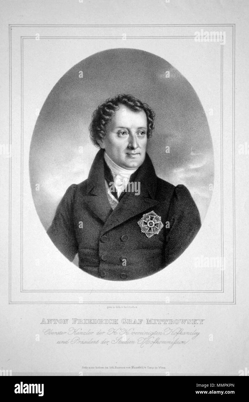 . English: Anton Friedrich Mittrowsky (1770-1842), Graf von Mittrovitz und Nemischl, obersten Kanzler der k. k. vereinigten Hofkanzlei und Präsident der Studien Hofkommission. Lithographie von Josef Kriehuber, 1830. ca. 1839. Josef Kriehuber (1800-1873) Anton Friedrich Mittrowsky Litho, 01. Stockfoto