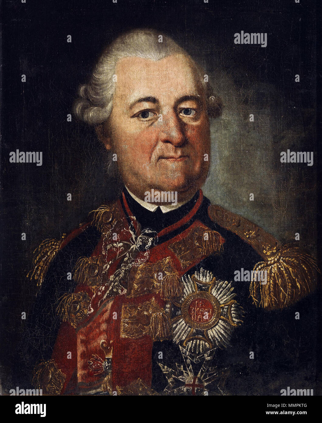 . Englisch: Porträt von Karl Theodor von Bayern (1724-1799) Deutsch: Kurfürst Karl Theodor von der Pfalz und von Bayern. "On the left side Brustseite der Stern des Hubertusordens sowie Bruststern des Georgordens, dessen Großmeister der bayerischen Kurwürde er geworden war. 64 x 49,5 cm, 102 x 69 cm (mit Rahmen, hier aus urheberrechtlichen Gründen ausgeschnitten); Wiederholung des 1780 datierten Portraits (von Anton Hickel) in den Reiss-Engelhorn-Museen Mannheim. 18. Anton Hickel (Workshop) Karl Theodor Stockfoto