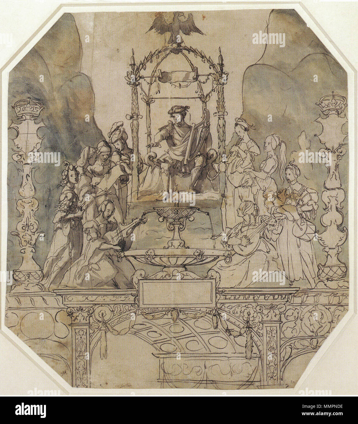 . Englisch: Apollo und die Musen auf Parnassus. Feder in Schwarz, über Spuren von schwarzen Bleistift, mit Grau, Blau und Braun waschen, 42,1 × 38,4 cm, Kupferstichcabinet, den Staatlichen Museen zu Berlin. Holbeins Design ist für eine Straße Tableau für die Krönung eve Prozession von Anne Boleyn am 31. Mai 1533. Er wurde von der Hanseatischen Kaufleute der Steelyard, einem Komplex von Büros, Lager, in Auftrag gegebene und Wohnungen am Nordufer der Themse in der Nähe seiner Wohnung. Heimlich Anne im Januar geheiratet, Heinrich VIII. verlangte, dass spektakuläre Vorführungen der Loyalität für Ihre Krönung inszeniert werden, und viele Stockfoto