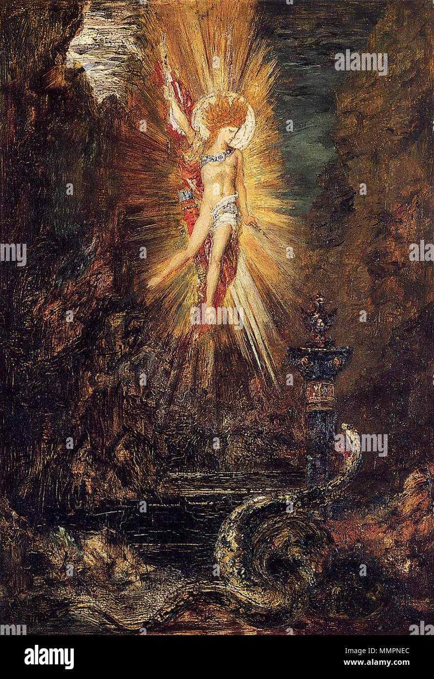 Englisch: Apollo Vanquishing die Schlange Python. 1885. Apollo Vanquishing die Schlange Python von Gustave Moreau (1885) Stockfoto