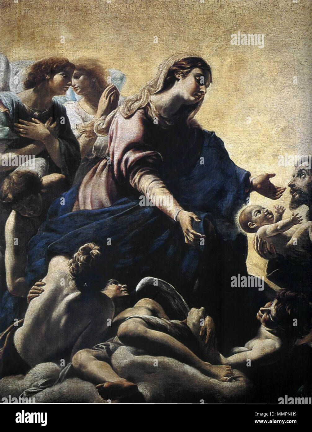 . Italiano: Apparizione della Vergine San Francesco. Si tratta di una Grande del frammento Pala d'altare, rubata nel 1976 da una Chiesa del Comune di Sezze (nel Lazio). Ich ladri dell'Opera d'Arte il scempiarono tagliandolo Dipinto, einem Pezzi dei Quali l'unico recuperato è quello in Cui è raffigurata la Vergine. 1608. Orazio Borgianni - Palazzo Municipale di Sezze Romano Apparizione della Vergine San Francesco - Borgianni Stockfoto