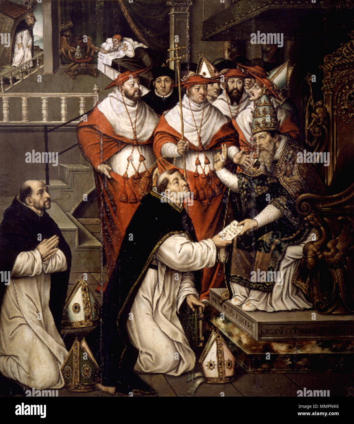 Por Honorio III Aprobación de la Orden Dominica, del Círculo de Juan de Juanes (Museo de Bellas Artes de Valencia) Stockfoto