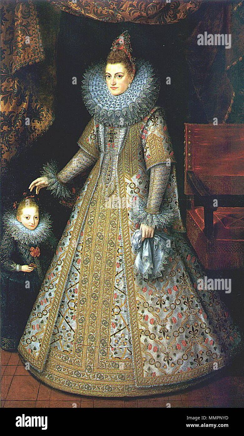 . Die sitter Hier war die Tochter von Philipp II. von Spanien, die 1599 ihren zweiten Cousin verheiratet, den Erzherzog Albert; die Paare, bekannt als "die Erzherzöge", ordnete die spanischen Niederlande als Vertreter der spanischen Krone, sondern mit der Kraft einer Dynastie es zu etablieren. Leider waren die Paare kinderlos und die Hoffnungen, die durch Ihre erleuchtete Regel erwies sich als unbegründet. Dieses Portrait wurde Anna von Dänemark (James ich Queen's) im Jahre 1603 durch den Botschafter der spanischen Niederlande, Charles de Ligne, fürstliche zählen Arenberg, zusammen mit einem (jetzt verloren) der Erzherzog Albert. Diese oc Stockfoto