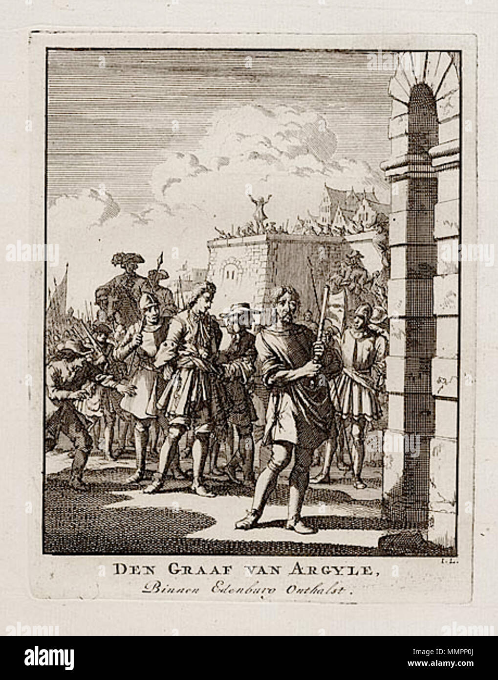 . Englisch: Den Graaf van Argyle, Binnen Edenburo Onthalst, Radierung von Jan Luyken. Archibald Campbell, 9. Earl of Argyll Ausführung Stockfoto