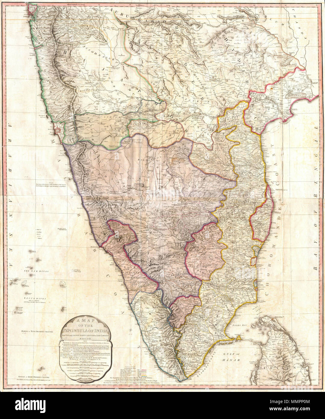 . Englisch: Diese Karte wird sofort nach der dritten Anglo-Mysore Krieg (1789-92), zeigt die Aufteilung der territorialen Verlust durch das Königreich Mysore durch den Vertrag 1792 von Seringapatam und. Eine "Third Edition' wurde 1800 mit den territorialen Veränderungen, die nach der vierten Anglo-Mysore Krieg (1798-1799). Beschreibung von Geographicus: Eine der größten und eindrucksvollsten Karten von Indien im 18. Jahrhundert zu erscheinen. Zeigt den Subkontinent von Bombay (Mumbai) und Aurungabad, Süden einschließlich der nördlichen Hälfte von Sri Lanka (Ceylon). Gedruckt im Jahre 1793 in London von William Faden, "Royal Stockfoto