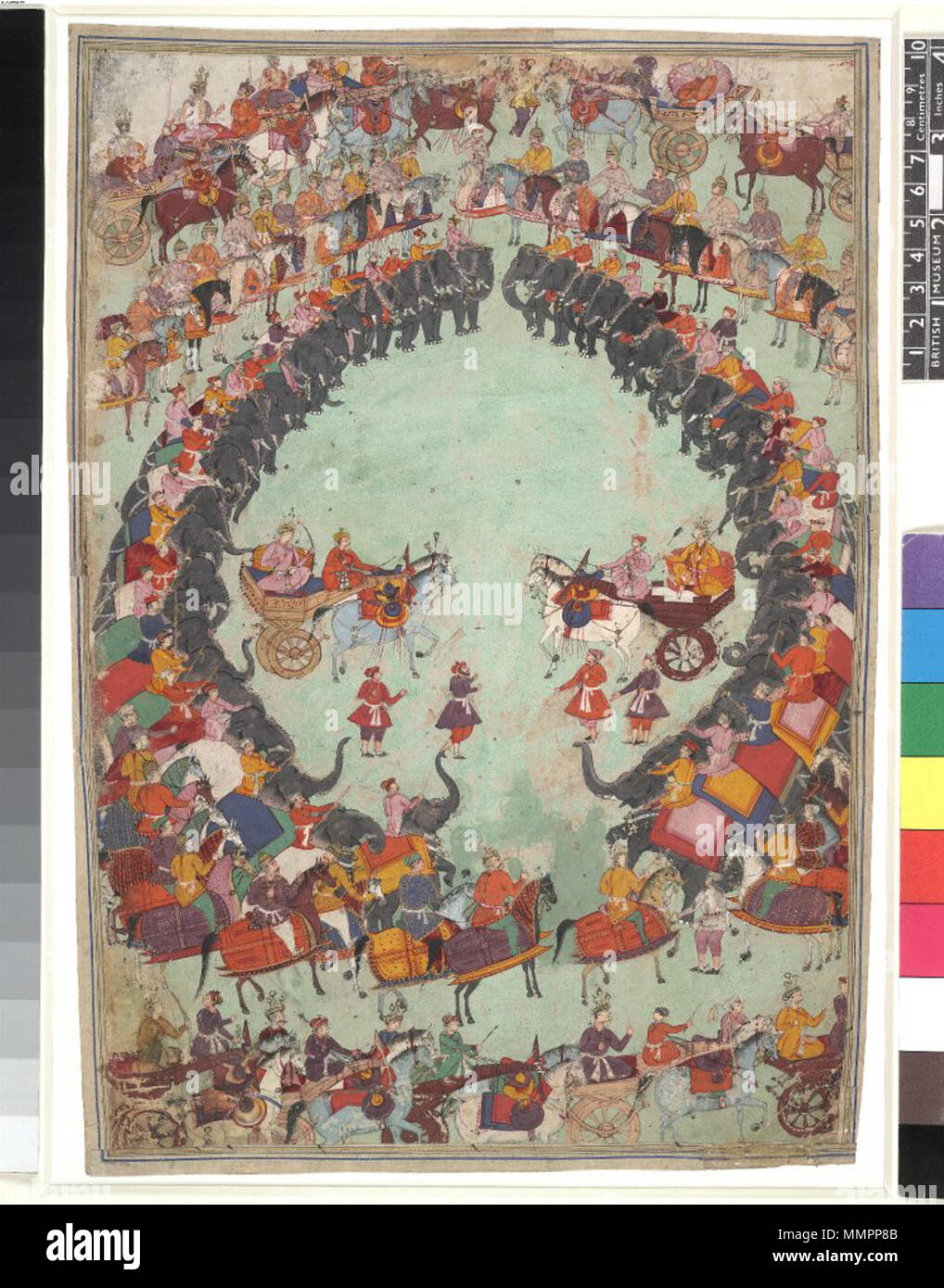 . Englisch: Arjuna und Bhima Vorbereitung auf die Schlacht, von einem Razmnaameh Mughal India, Anfang des 17. Jahrhunderts opak Aquarell und Tusche auf Papier dieser dramatischen Komposition veranschaulicht eine der letzten Schlachten vor der letzten großen Schlacht des Epos. Arjuna, der mächtige Krieger, und Bhima, der Stärkste der Pandava Brüder, steht auf tehir Wagen ihre Pfeile vorbereitet. Sie sind ein innerer Kreis von kriegselefanten und einem äußeren Kreis von Kavallerie auf gepanzerte Pferde. Nach wie vor ist die Rüstung ist Mughal, im Gegensatz zu den "alten" wagen. Die geringe Größe der Figuren und Größe des Pag Stockfoto