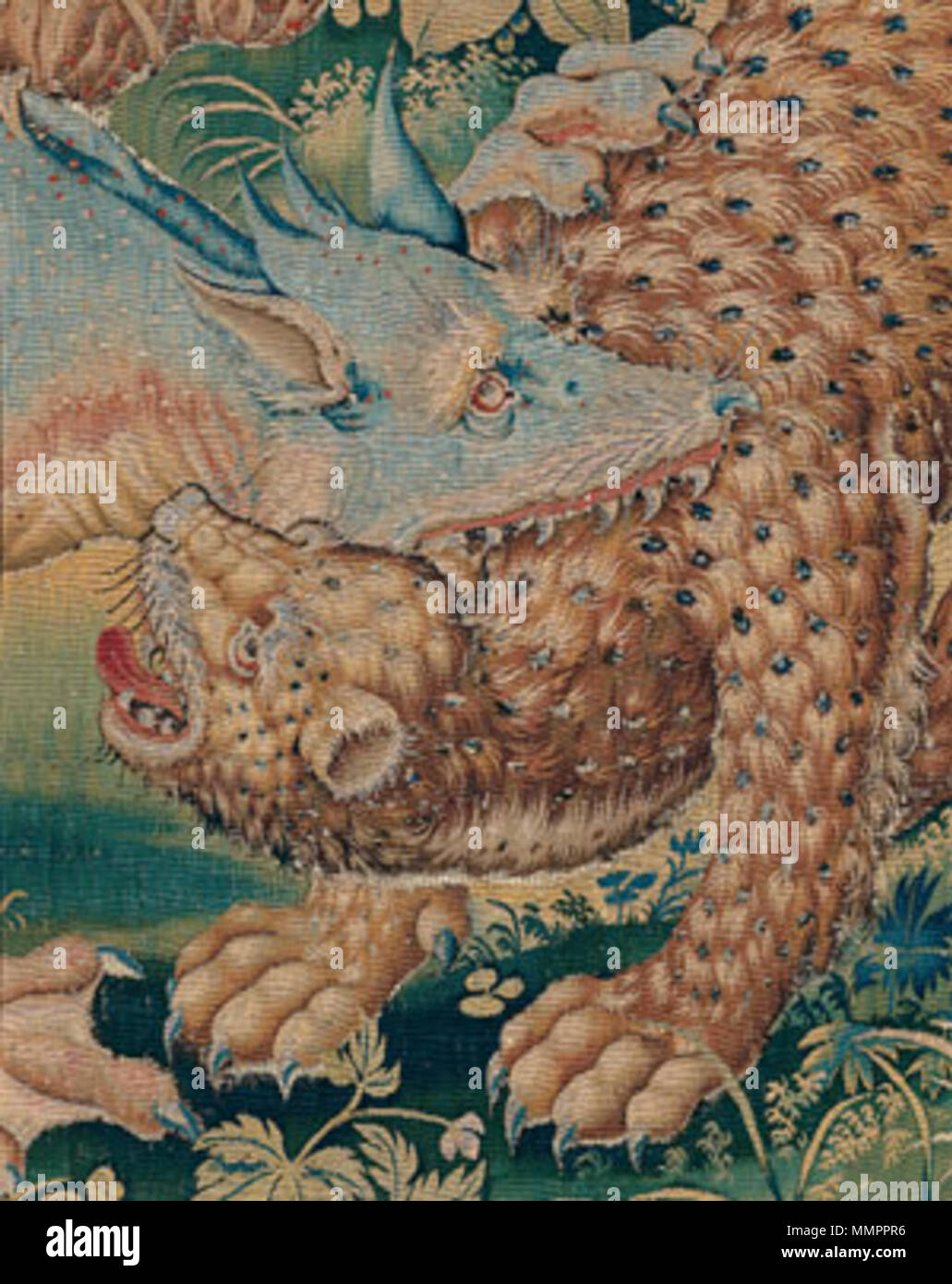 Englisch: Drachen im Kampf mit einem Panther (Detail). Polski: Smok walcz? cy z Panter? (Frgment). ca. 1550. Arras009 Stockfoto