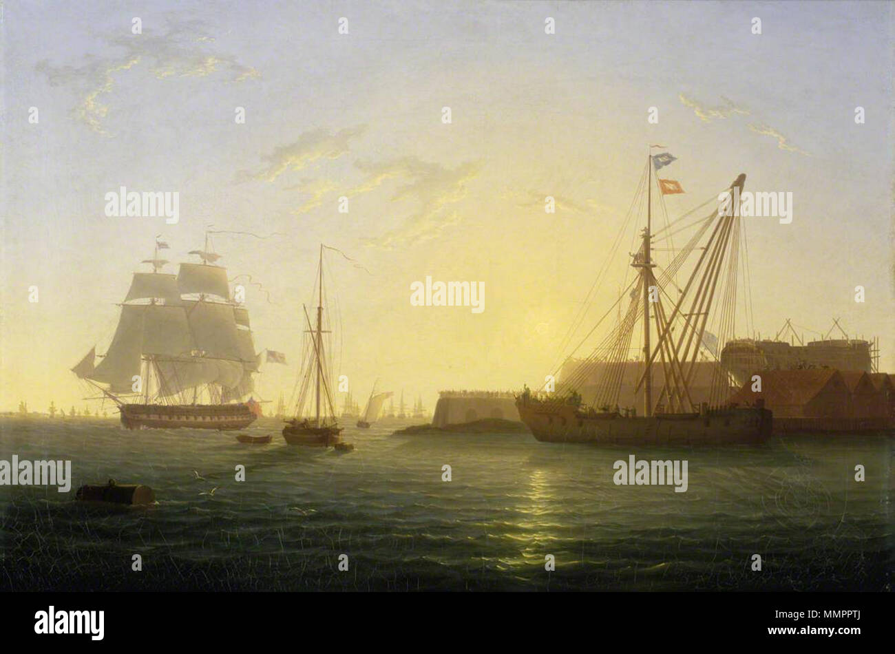 . Englisch: HMS 'Clyde' Ankunft in Sheerness nach dem "Nore" Meuterei, 30. Mai 1797. Die 'Clyde' dargestellt Ankommen bei Sonnenaufgang in der Medway, Sheerness Dockyard. Sie ist im mittleren linken Abstand, in Port-Bow View auf der Steuerbord, fliegt eine weiße Fahne, sondern mit einem roten hängt über ihr Hafen Viertel auf der Schiene als Signal. Näher, Mitte links, ist ein Fräser in Steuerbord - Bow View, günstig eine Boje und mit einem Boot unter ihrem Stern. Links im Vordergrund ist eine große Mooring. Auf der rechten Seite des Bildes, gegen die aufsteigende Sonne, ist eine blosse Hulk für Masting oder de-Masting Schiffe, in b gezeigt wird verwendet Stockfoto