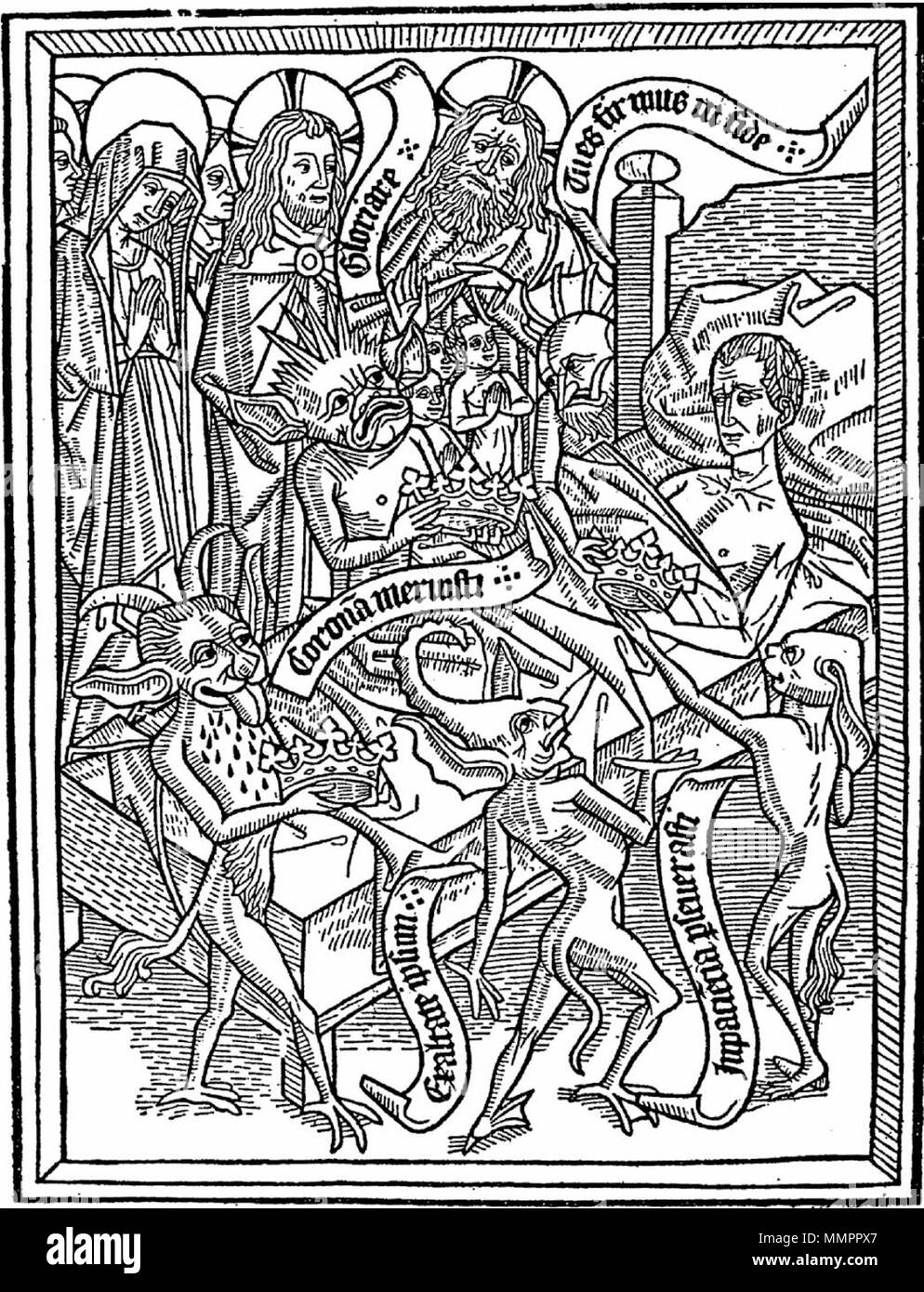 . Englisch: Dämonen locken den sterbenden Mann mit Kronen (eine mittelalterliche Allegorie zu irdischen Stolz) Unter den missbilligenden Blick der allerseligsten Jungfrau Maria, Christus und Gott. Holzschnitt sieben (4a) von Elf, Niederlande, ca. 1460 Noten: Stolz ist eine der großen Versuchungen des sterbenden Menschen. Hier, Teufel und Dämonen, die Hand der sterbenden Mann seine Kronen, Symbol der irdischen Güter und der Stolz, den missbilligenden Blick der allerseligsten Jungfrau Maria und Christus. . Diese Datei fehlt, Informationen zum Autor. Ars moriendi. stolz. Stockfoto