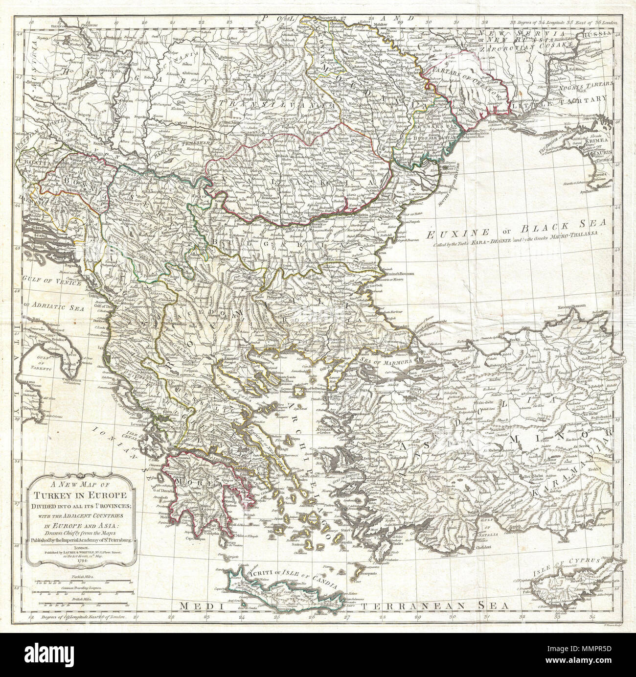 . Englisch: Ein außergewöhnliches Großformat 1794 Karte von Griechenland, die Türkei in Europa, auf dem Balkan und in den angrenzenden Regionen von Laurie und Auszuhöhlen. Karte deckt von der Golf von Taranto, Italien, ostwärts bis zur Krim, Erweiterung nach Norden zu Siebenbürgen und Moldau und südwärts bis nach Kreta und Zypern. Umfasst die modernen Nationen Griechenlands, der Türkei, Zypern, Bosnien, Kroatien, Albanien, Serbien, Mazedonien, Bulgarien, Ungarn, Rumänien, Bulgarien, Moldawien, und Teile von Italien, Österreich und der Ukraine. Bietet außergewöhnliche Detail, Städten, Straßen, geografische Besonderheiten, und sub-Staaten. Bas Stockfoto