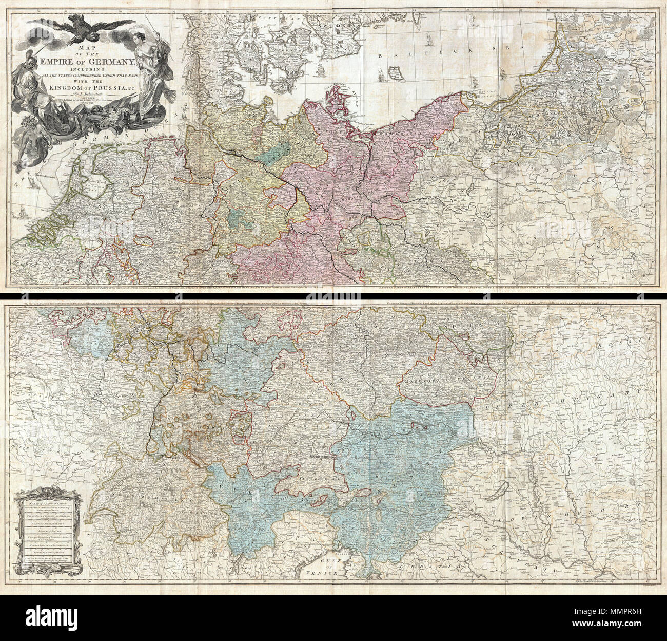 . Englisch: Eine absolut atemberaubende und monumentale zwei Panel 1794 Landkarte von Deutschland, Böhmen, Österreich und Preußen von Louis Stanislas d'Arcy Delarochette. Deckt die germanischen Gebiete, in vollem Umfang von der Ostsee bis zum Golf von Venedig. Deutschland, Österreich, Böhmen (Tschechien), Polen, Litauen, Preußen, der Schweiz, Holland (Niederlande), Belgien und Dänemark. Bietet ein außergewöhnliches Maß an Detail, Straßen, Städte, Burgen, Klöster, Wälder, Sümpfe, Flüsse, Städte und die Berge. Bietet noch einige offshore Detail in der Nähe von Belgien und Holland. Eine aufwändige allegor Stockfoto