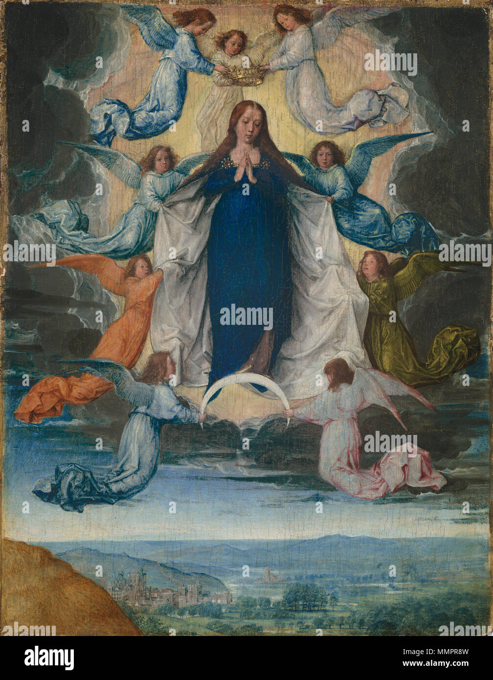 Malerei; Öl auf Leinwand; bemalte Fläche: 21,1 x 16,2 cm (8 5/16 x 6 3/8 in.) Insgesamt (Panel): 21,3 x 16,7 cm (8 3/8 x 6 9/16 in.) gerahmt: 35,5 x 31,1 cm (14 x 12 1/4 in.); Christi Himmelfahrt der Jungfrau Michel Sittow Stockfoto