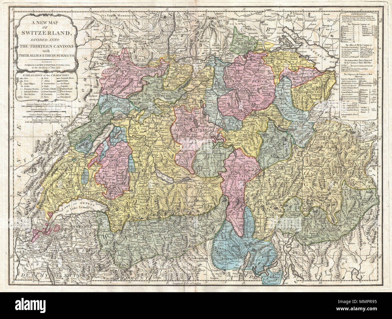 Englisch: Eine außerordentliche 1794 Karte der Schweiz. Deckt das gesamte  Land in außergewöhnlichen Detail sowohl topographische und politische  Informationen bietet. Die Farbe je nach Kanton codiert. Mit seiner  einzigartigen Mischung aus