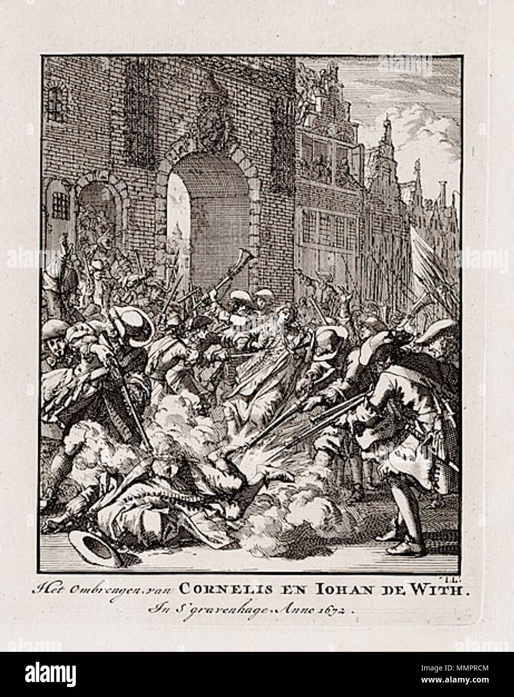 . Englisch: Het ombrengen van Cornelis de Iohan de Mit, Radierung von Jan Luyken. Ermordung von Cornelis und Jacob de Witt Stockfoto