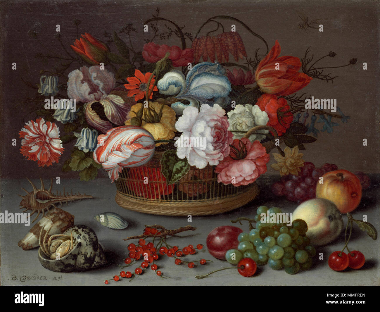 Malerei; Öl auf Leinwand; bemalte Fläche: 17,8 x 23,5 cm (7 x 9 1/4 in.) Insgesamt (mit Ergänzungen): 18,4 x 24,4 cm (7 1/4 x 9 5/8 in.) gerahmt: 38,4 x 43,8 x 3,2 cm (15 1/8 x 17 1/4 x 1 1/4 in.); Korb - Blumen-1622 Stockfoto