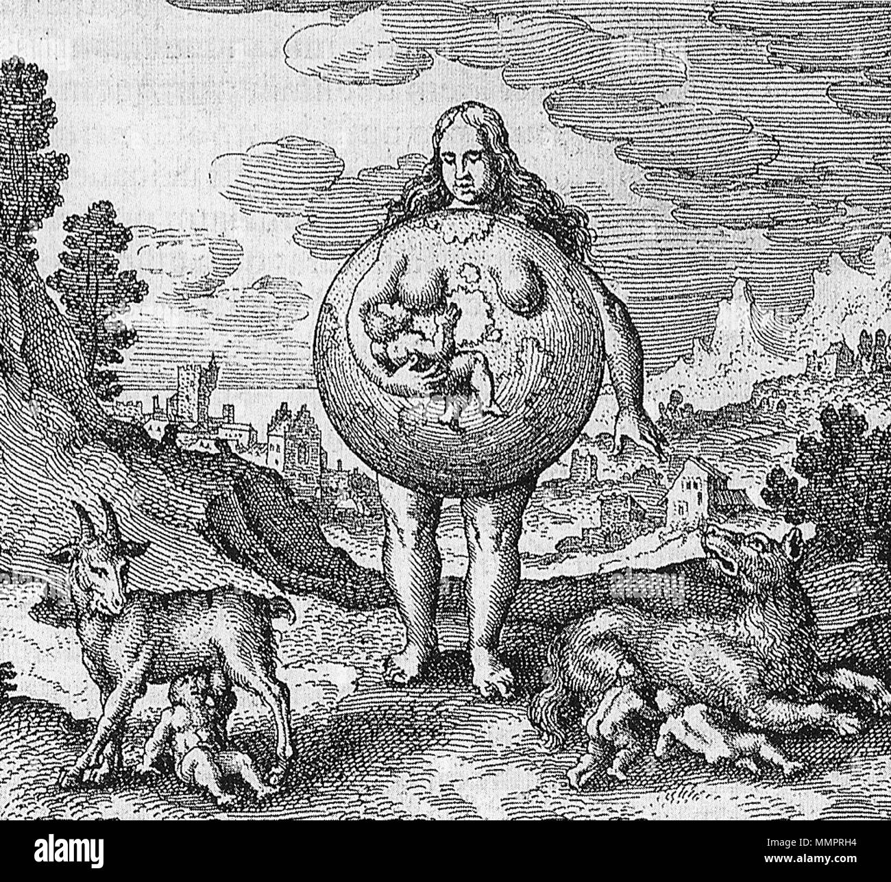 . Englisch: Emblem 2d: "Nutrix ejus Terra est." von Michael Maier, Atalanta Fugiens, 1617/1618 English: Emblem 2d: "Nutrix ejus Terra est." (eine Säugamme ist die Erde" - Buchillustration in: Michael Maier: Atalanta Fugiens, 1617/1618 Français: "Nutrix ejus Terra est." L'infirmière est la terre, Michael Maier, Atalanta Fugiens, 1617/1618. 1618 oder früher. User: Mattes Atalanta Fugiens-Emblem 2d Stockfoto