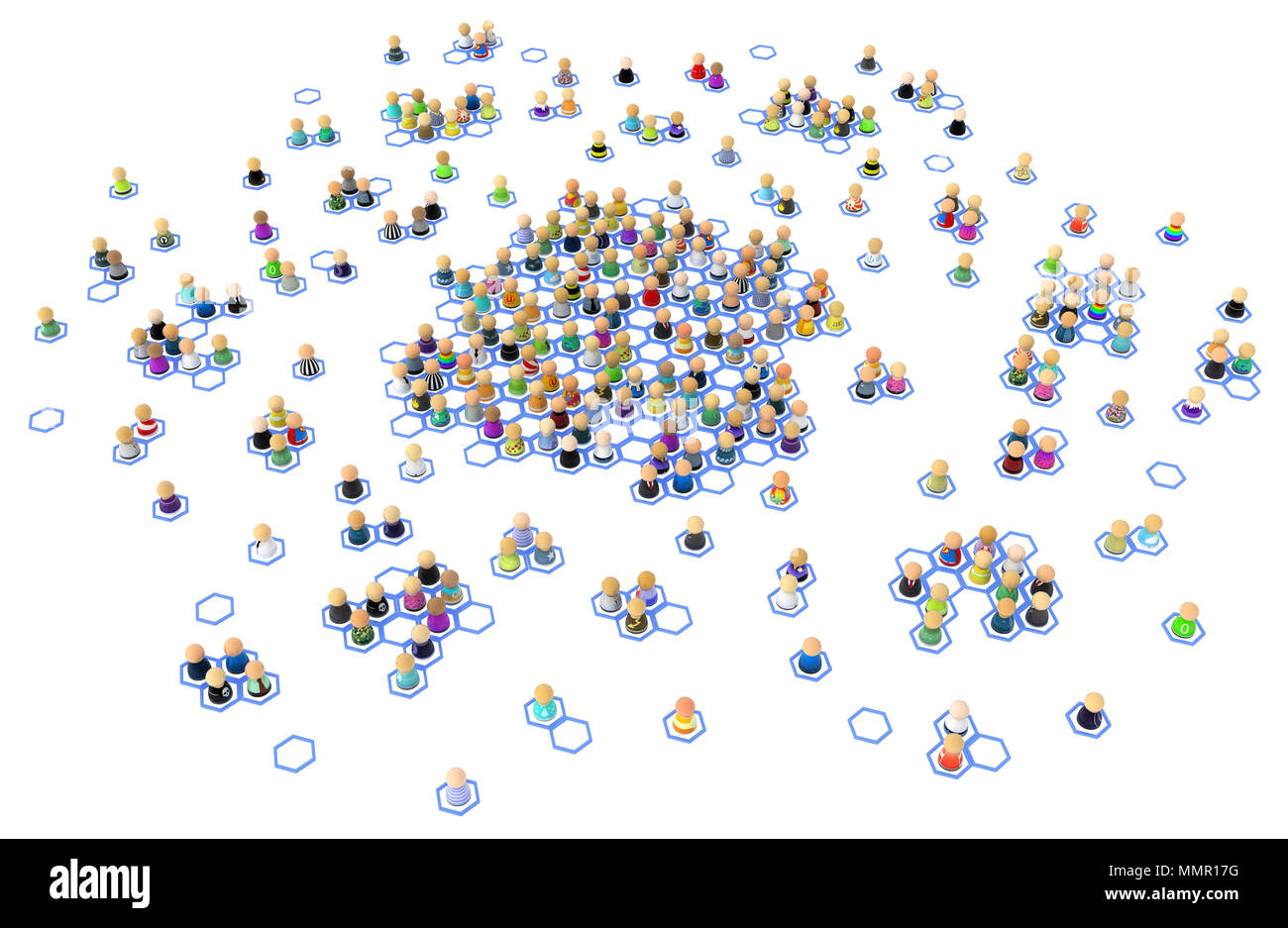 Masse von kleinen symbolischen Figuren, verknüpfte Hexagon Zellen, 3D