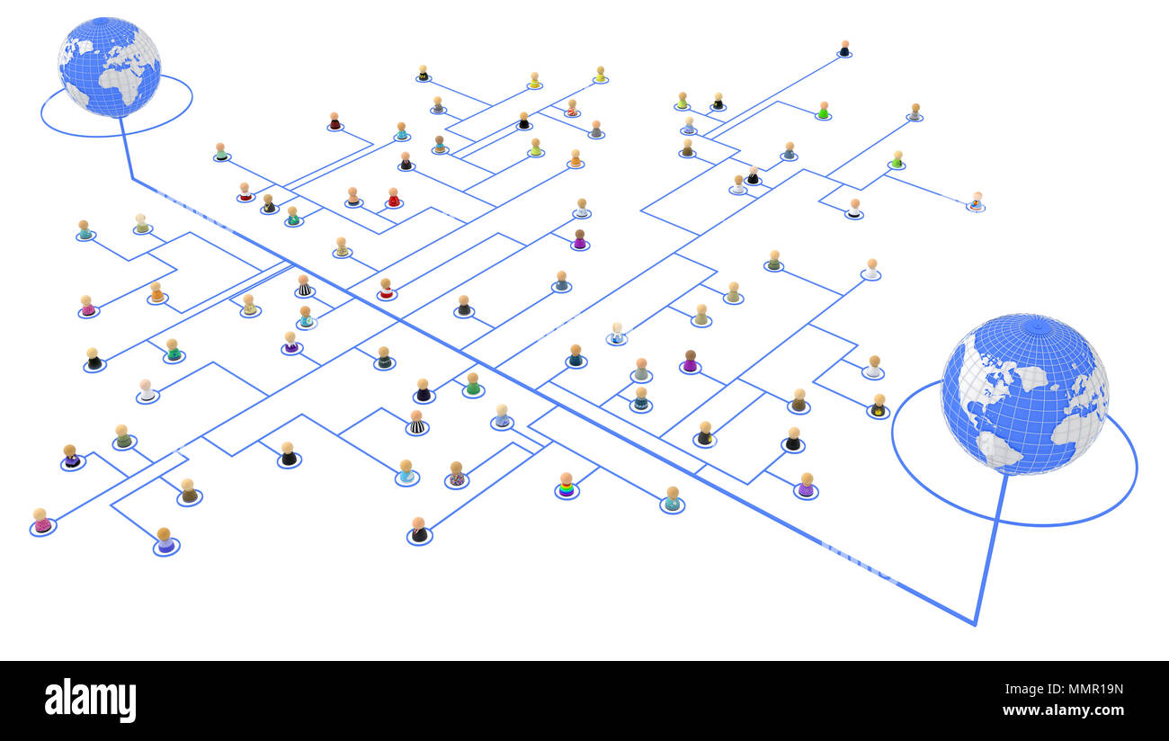 Masse von kleinen symbolischen 3D-Figuren durch Linien verbunden, isoliert Stockfoto