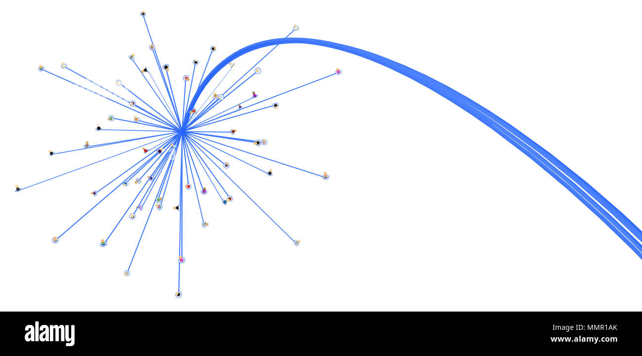 Masse von kleinen symbolischen 3D-Figuren durch Linien, die für Start Explosion ab, über Weiß, isoliert, horizontal Stockfoto