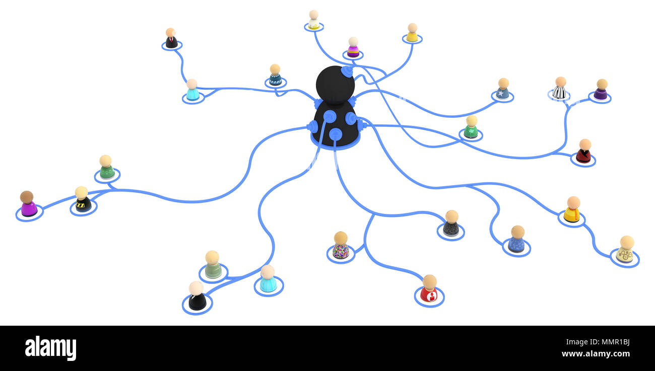 Masse von kleinen symbolischen 3D-Figuren durch Linien verbunden, eine Nabe Administrator, über Weiß, horizontal Stockfoto