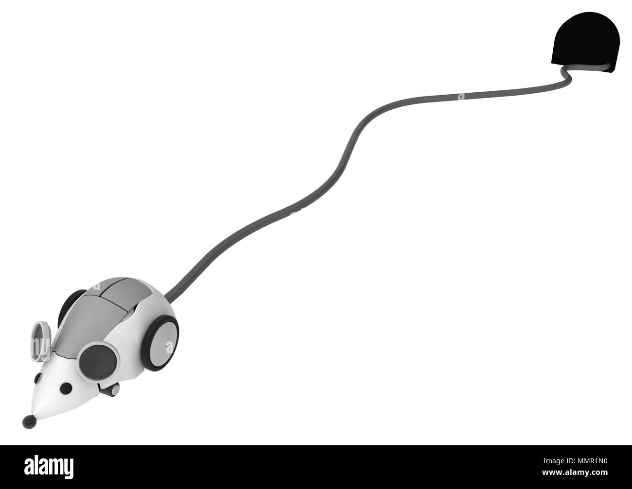 Robotik Computer Maus lange Kabel Schwanz Loch, 3D-Darstellung, horizontal, isoliert Stockfoto