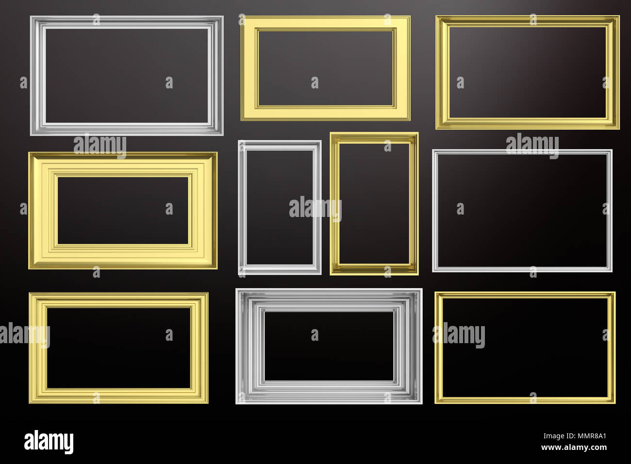 Frames golden und silber auf schwarzem Hintergrund mit Kopie Platz für Text isoliert, 3 Abbildung d Stockfoto