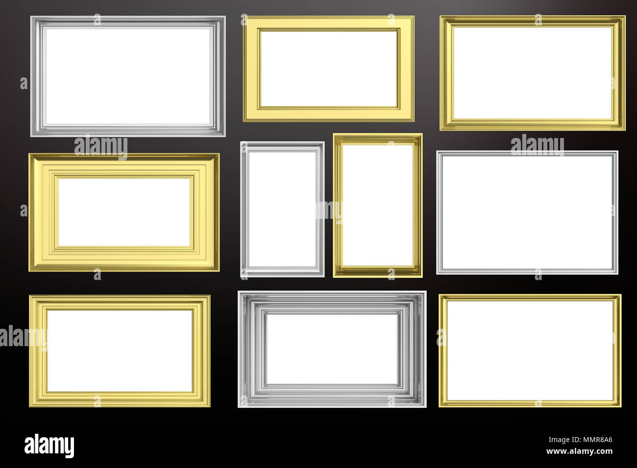 Frames golden und silber auf schwarzem Hintergrund mit weißen Kopie Platz für Text isoliert, 3 Abbildung d Stockfoto