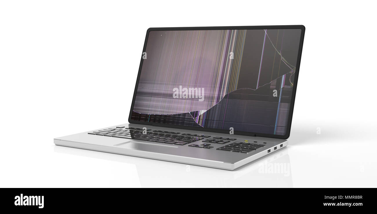 Computer Laptop mit defektem Bildschirm auf weißem Hintergrund. 3D-Darstellung Stockfoto