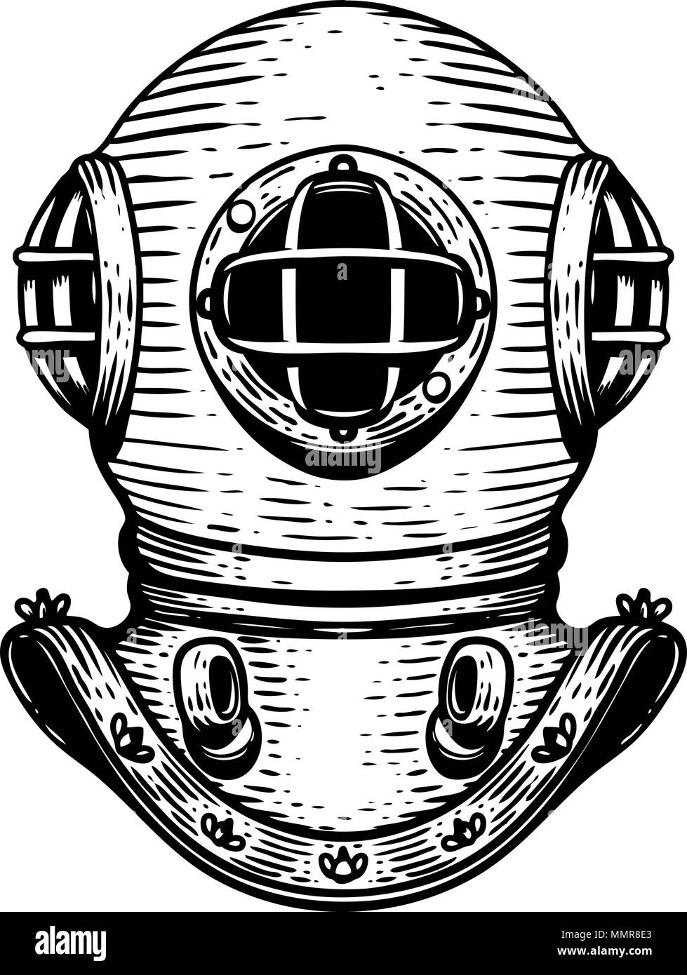Hand Retro Stil diver Helm Bild auf weißem Hintergrund dargestellt. Designelemente für Logo, Label, Emblem, Zeichen, Abzeichen. Vektorbild Stock Vektor
