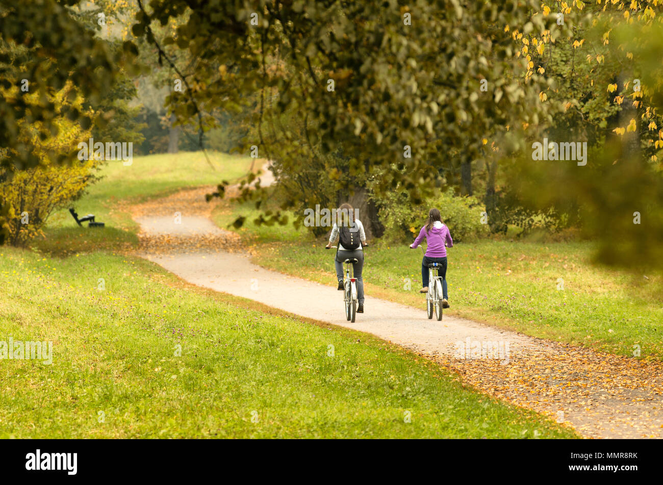 Zwei Radfahrer auf Herbst weg. Nicht identifizierte Personen mit dem Rücken zum Betrachter Stockfoto