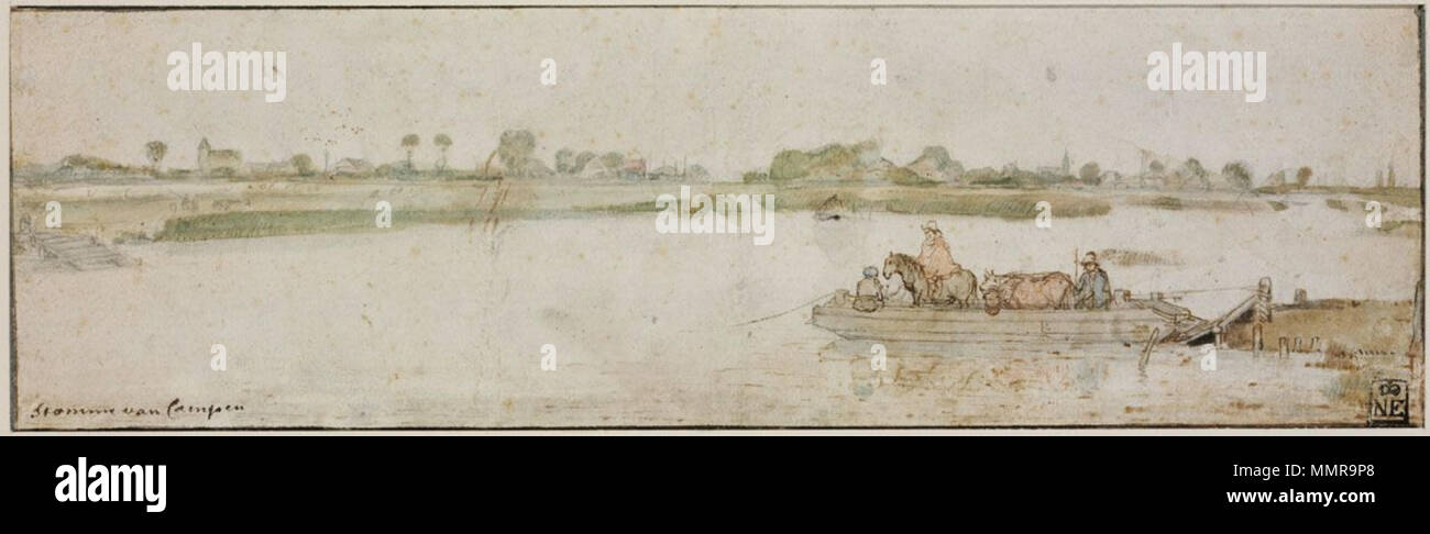 Flusslandschaft mit Fähre. zwischen 1625 und 1630. Hendrick Avercamp - Flusslandschaft mit der Fähre (ca. 1625-30) Stockfoto