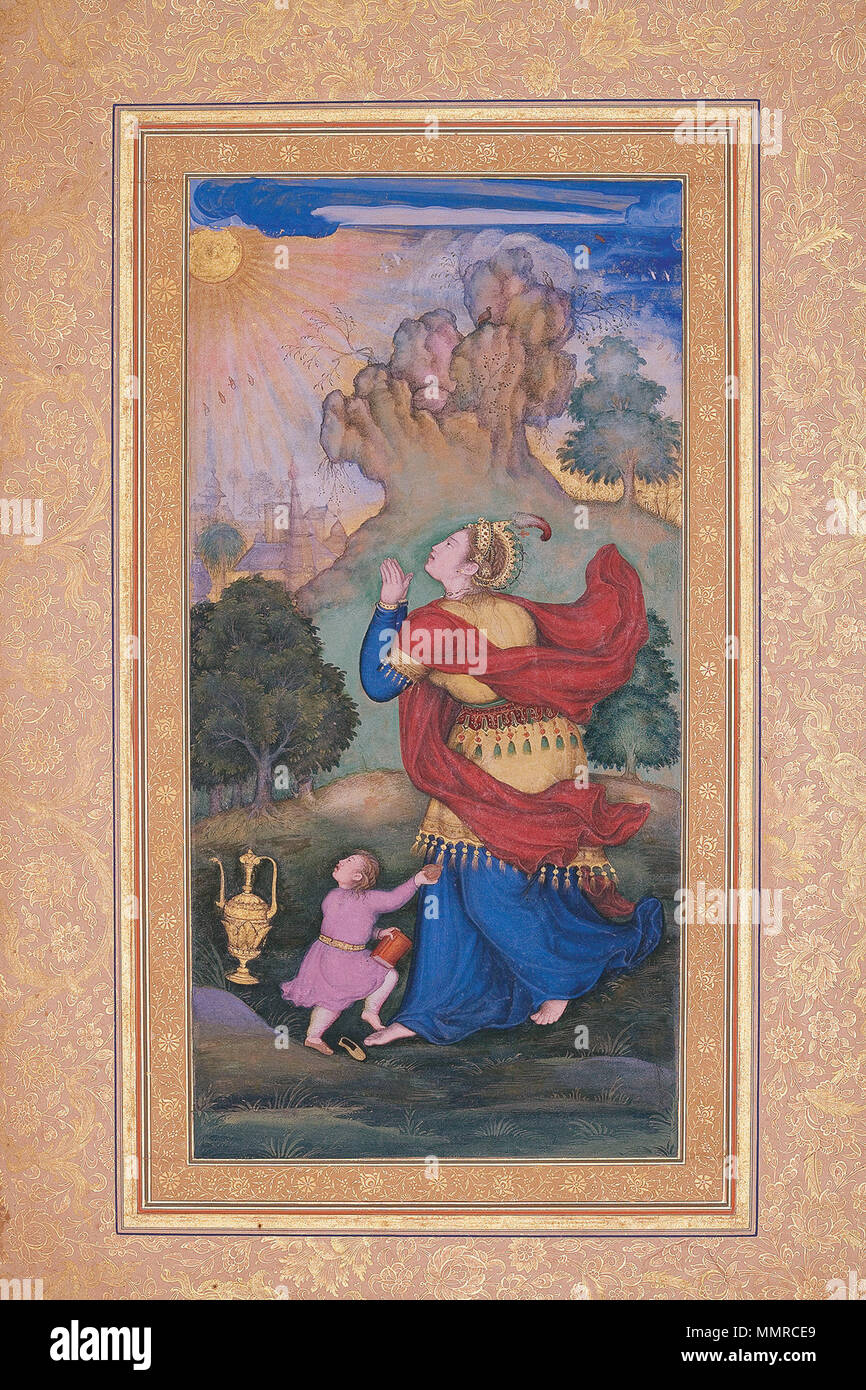 . Englisch: Basawan (zugeschrieben). Frau Anbetung der Sonne Seite aus dem Gulshan Album. 1590-95 Museum für Islamische Kunst, tun. 9. März 2012. Basawan Alternative Namen Baswan; Basavan; Basavana Beschreibung Maler und Strahler indischen Maler und illuminator Datum der Geburt / Tod 1560 s1600 s Ort der Geburt Uttar Pradesh Authority control: Q 728311 171563255 GND VIAF:?:? 1012525562 Basawan. Frau Anbetung der Sonne Seite aus dem Gulshan Album. 1590-95 Museum für islamische Kunst, Doha Stockfoto