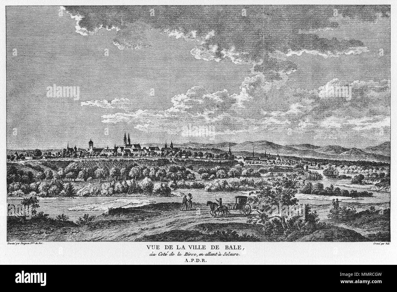 . English: Anſicht der Stadt Baſel vom Südufer der Birs. Kupferſtich von François-Denis Geb. nach einer Zeichnung von Nicolas Pérignon. Englisch: Blick auf die Stadt Basel, vom Südufer des Flusses Birſe genommen. Kupferstich von François-Denis Geb. nach einer Zeichnung von Nicolas Pérignon. Français: Vue de la Ville de Bâle Du côté de la Birſe, en allant à Soleure. Tiefdruck sur cuivre de François-Denis Geb. d'après un desſin de Nicolas Pérignon. . Circa 1780. Nicolas Pérignon/François-Denis geb. BasileaeprospectusII Stockfoto