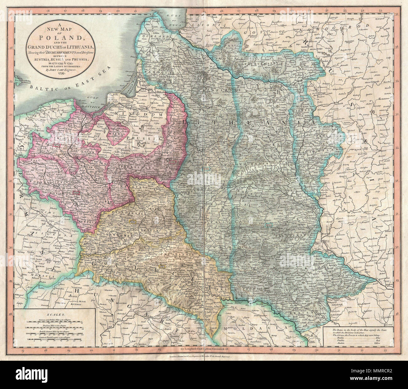 . Englisch: Ein schönes Beispiel für John Cary's seltene Karte 1799 von Polen. Deckt den gesamten Block von Territorium durch die polnisch-litauische Commonwealth (Rzeczpospolita) von der Ostsee südlich nach Ungarn und ostwärts bis nach Russland behauptete. Diese Karte ist so konzipiert, dass die Aufteilung Polens zwischen Österreich, Russland und Preußen am Ende des 18. Jahrhunderts zu illustrieren - nur ein paar Jahre vor dieser Karte veröffentlicht wurde. Russland beansprucht den Großteil dessen, was einmal aus dem Großherzogtum Litauen aus Livonia Süden nach Moldawien. Preußen beanspruchten das Gebiet östlich von Warschau und Süd in Galizien. Die Österreichische Stockfoto
