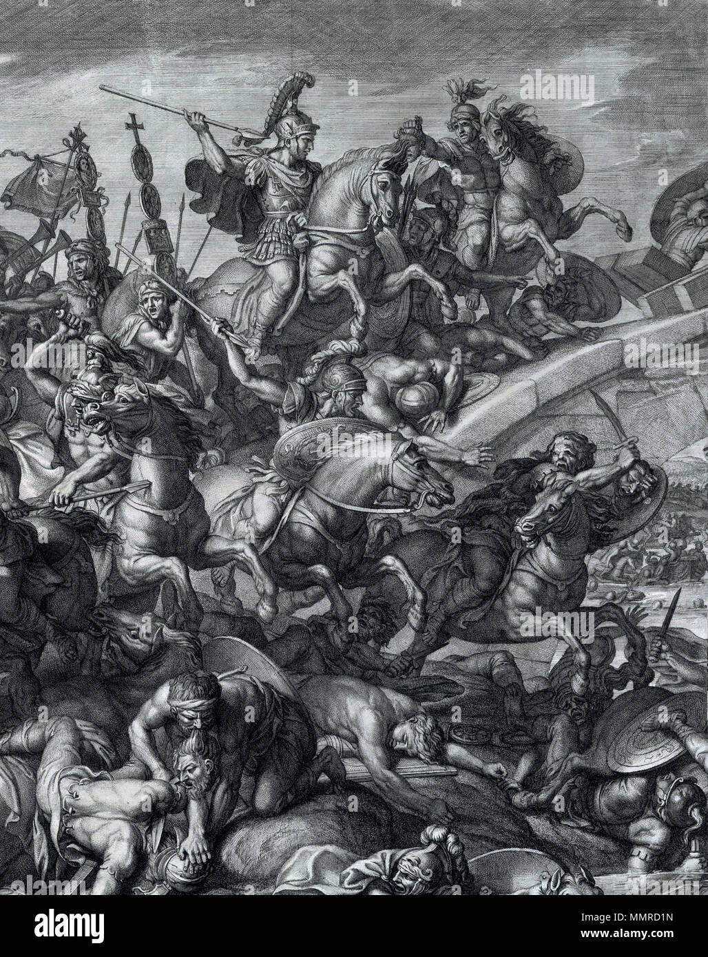 Schlacht an der Milvischen Brücke, Gérard Audran nach Charles Le Brun, 1666 - Fruchtart Stockfoto